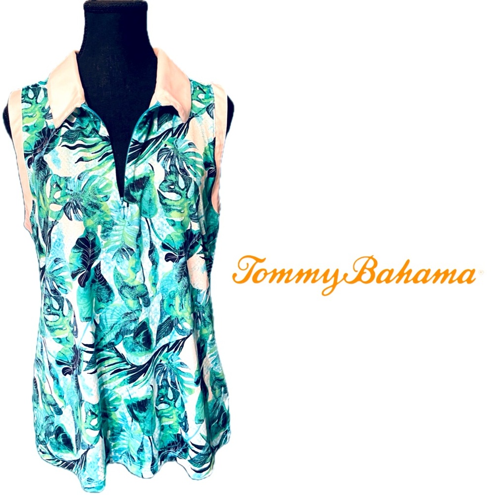 Tommy Bahama Golf Tennis 1/4 Zip Tropical Leaf Green White Sleeveless Polo - XL